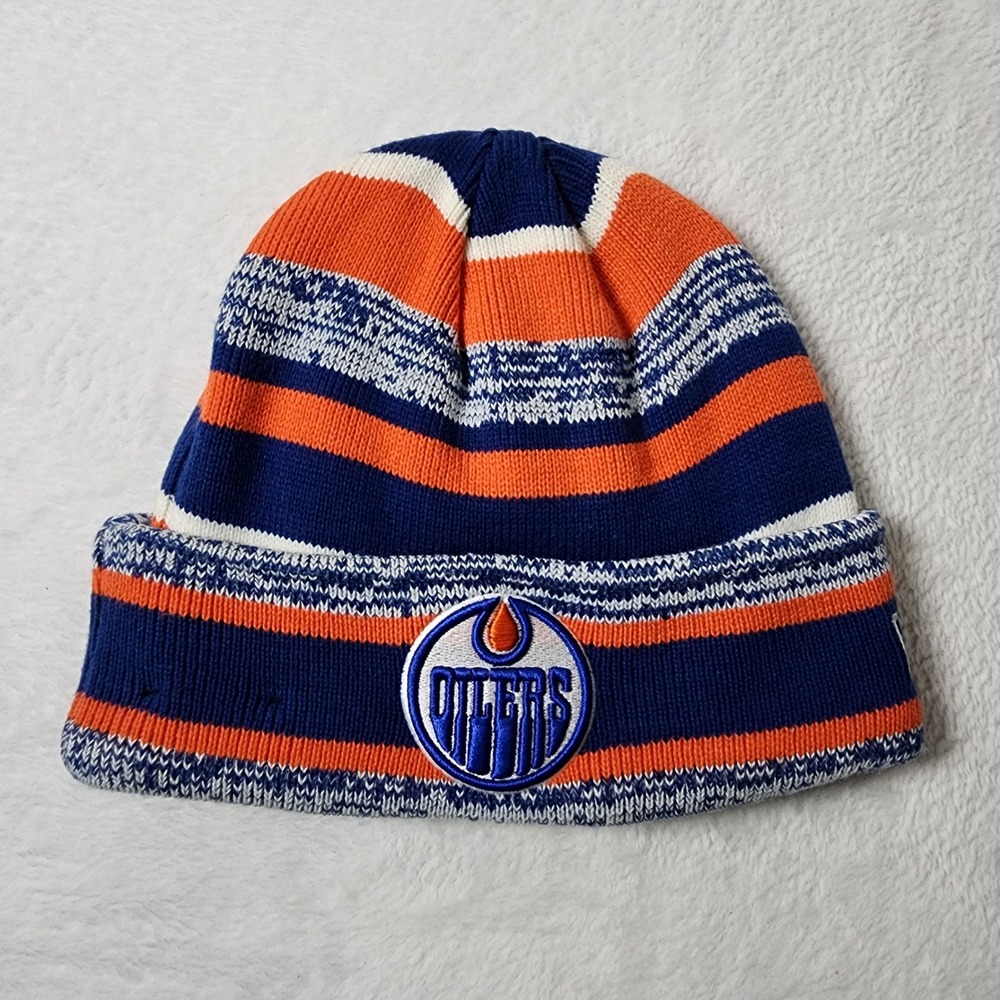New Era Edmonton Oilers Beanie Hat Blue Orange Striped Cuffed NHL Adult S M